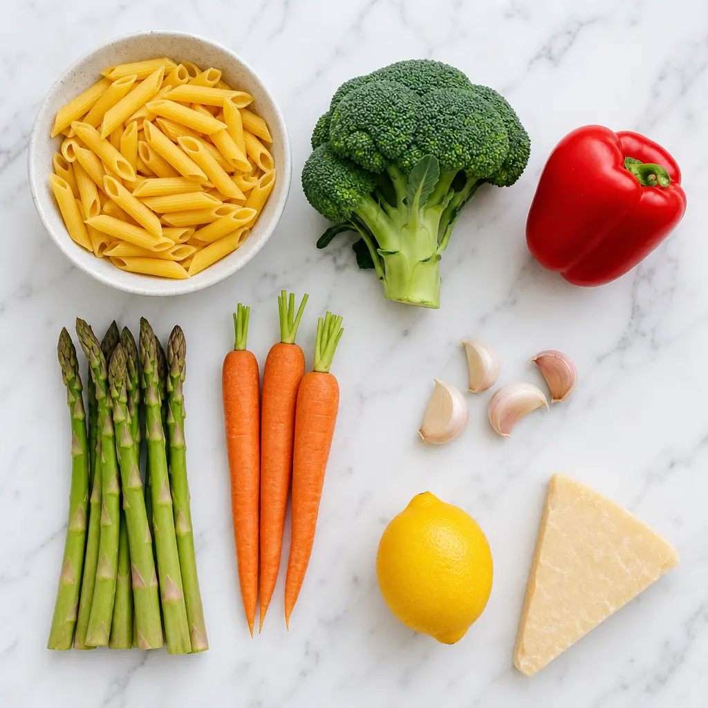 alfredo pasta primavera - main ingredients