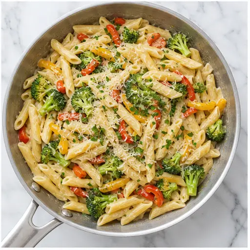 Step 4: Tossing pasta with vegetables and Parmesan
