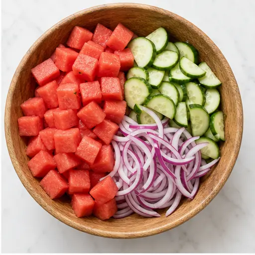 Step 2: Combine watermelon, cucumber, and onion