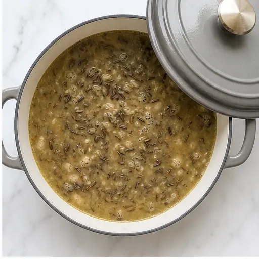 Step 2: Simmering the wild rice blend in chicken broth