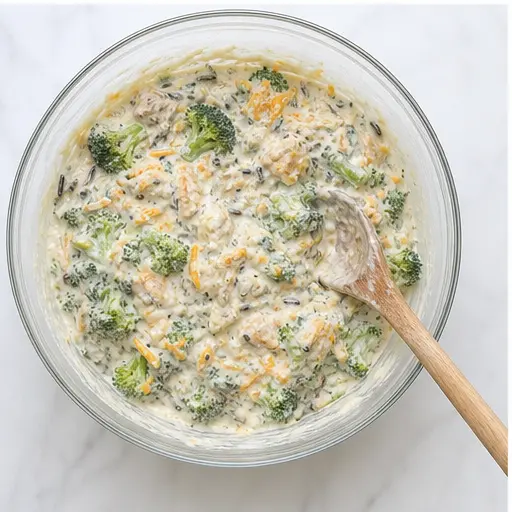 Step 3: Combining the rice, broccoli, chicken, and creamy sauce