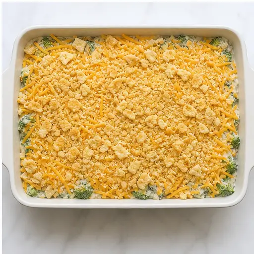 Step 4: Topping the assembled casserole with cheese and crackers