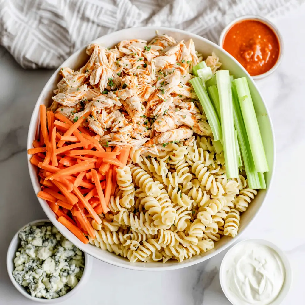 buffalo chicken pasta salad - main ingredients