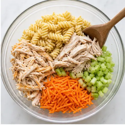 Step 2: Combining pasta and chicken with veggies