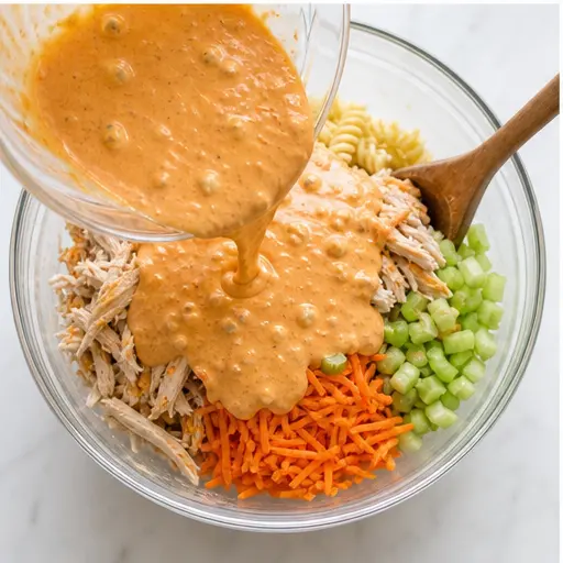 Step 3: Pouring creamy dressing over salad