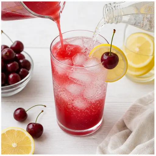Step 4: Assembling the cherry lemonade with ice and sparkling water