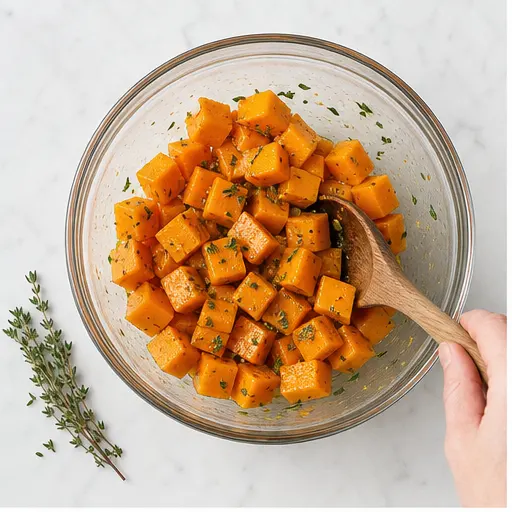 Step 1: Tossing cubed butternut squash with olive oil and thyme