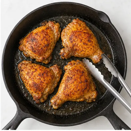Step 2: Searing seasoned chicken leg cuts in a hot skillet