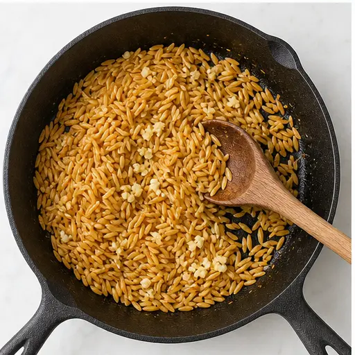 Step 3: Toasting orzo and garlic until golden