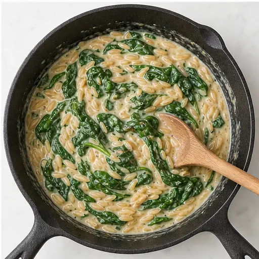 Step 4: Adding spinach to the creamy orzo until wilted