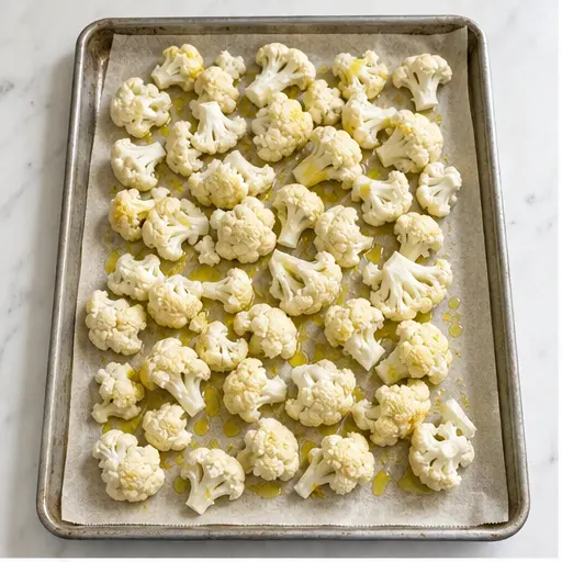 Step 1: Roasting cauliflower florets on baking sheet