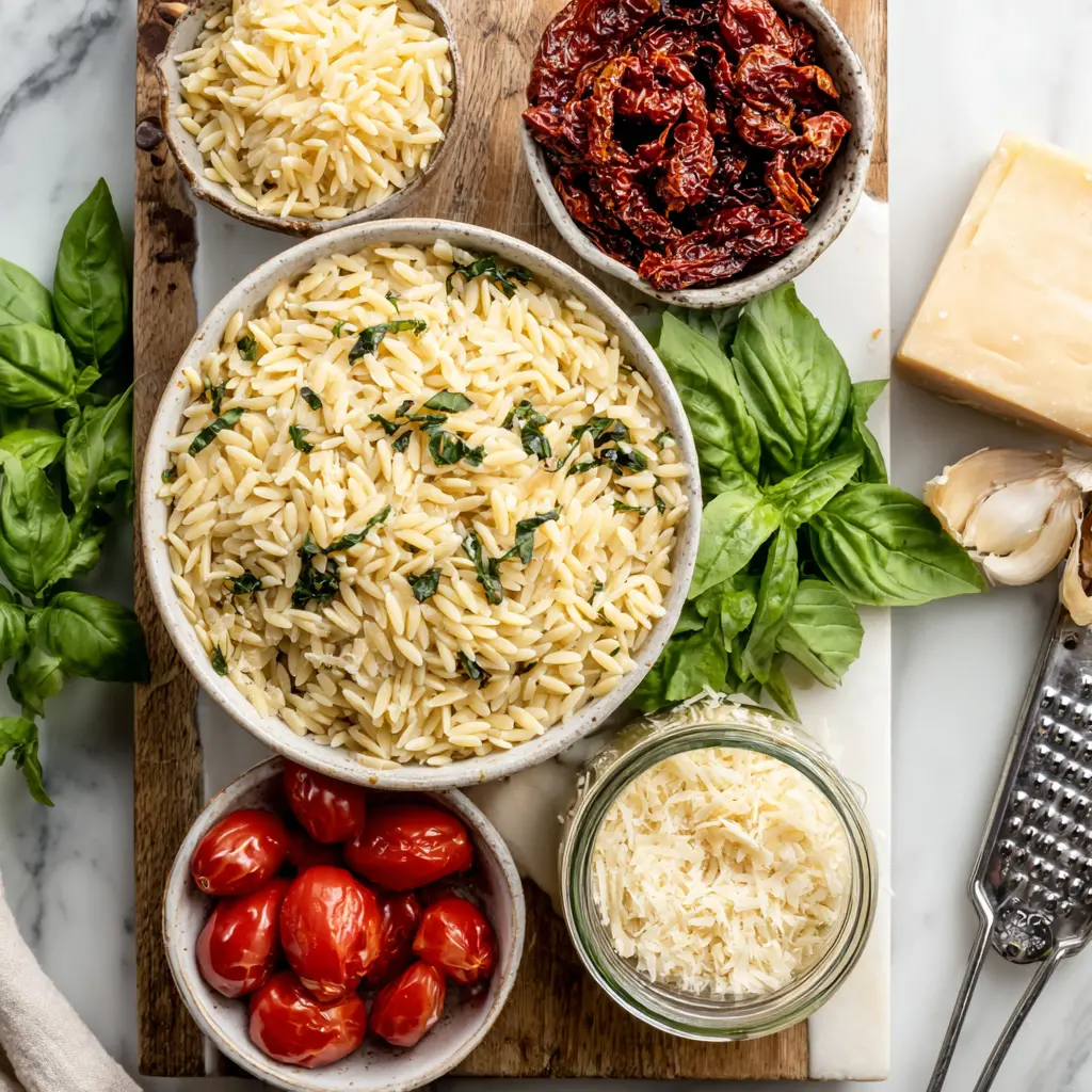 creamy corn tomato orzo - main ingredients