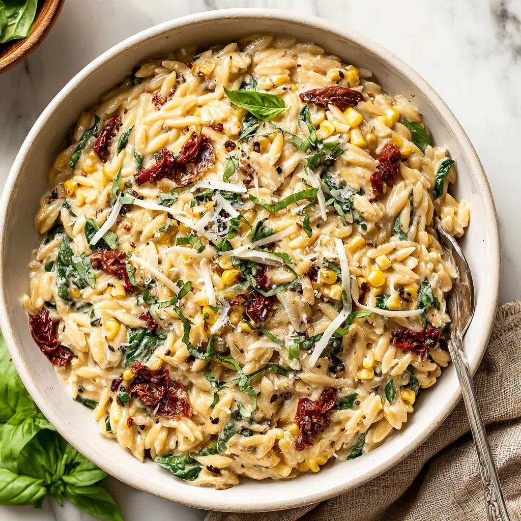 creamy corn tomato orzo - final presentation