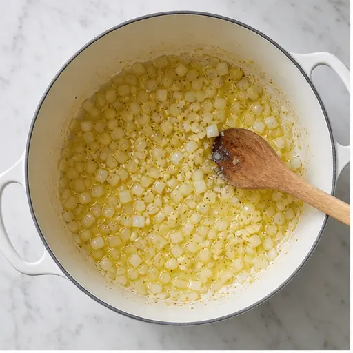 Step 1: Sautéing onion and garlic in butter and olive oil