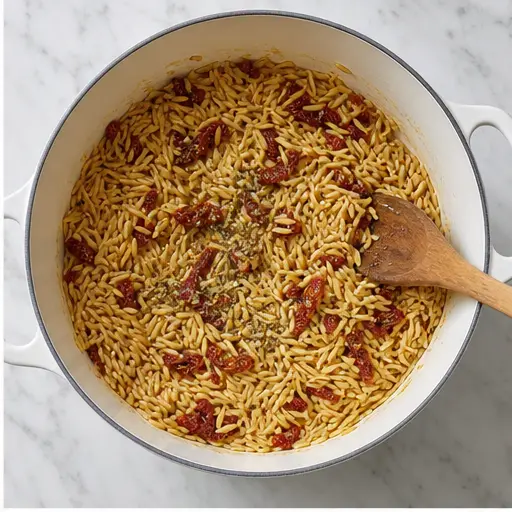 Step 2: Toasting orzo with sun-dried tomatoes and oregano