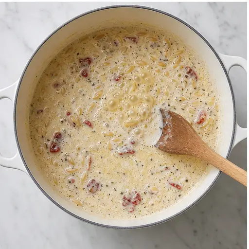 Step 3: Simmering orzo in broth and cream until tender