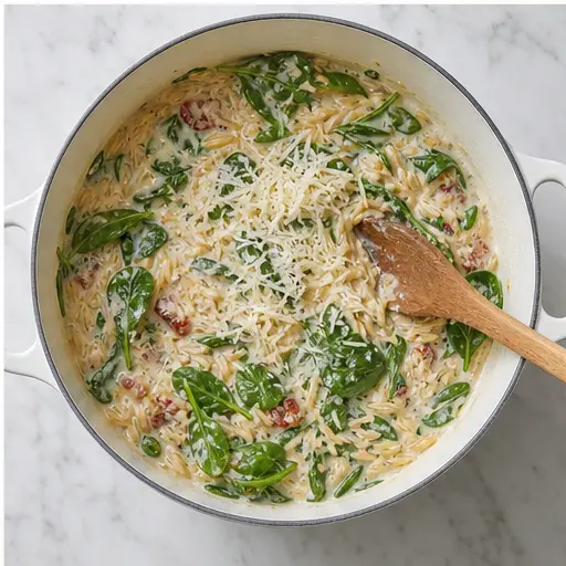 Step 4: Folding in spinach and Parmesan until creamy