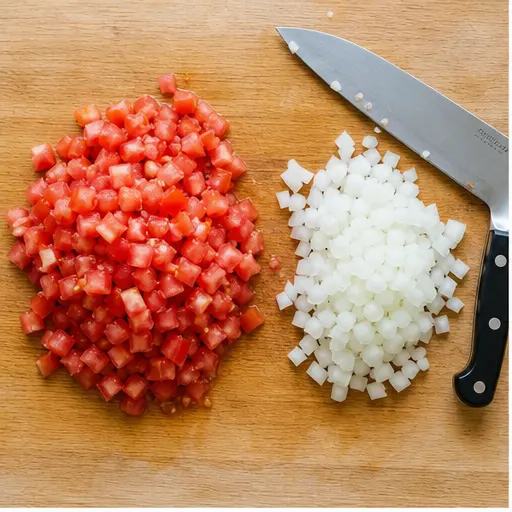 Step 1: Dicing Roma tomatoes and white onion
