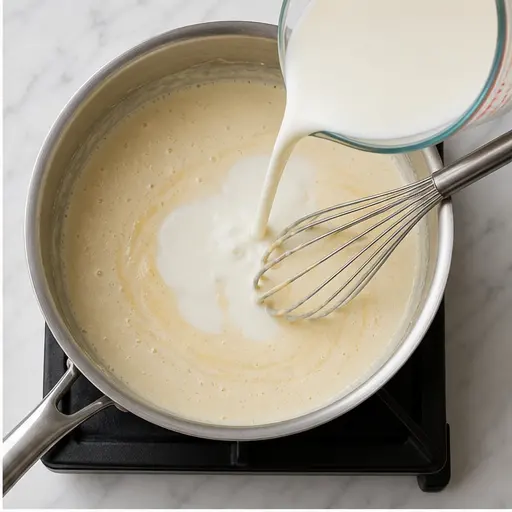 Step 2: Adding milk and cream to the roux