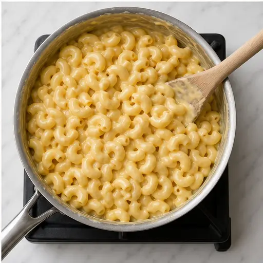 Step 4: Folding cooked pasta into the cheese sauce