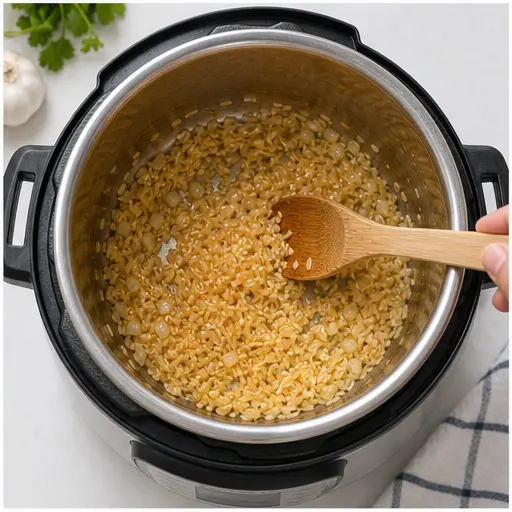 Step 2: Toasting rice in oil until golden