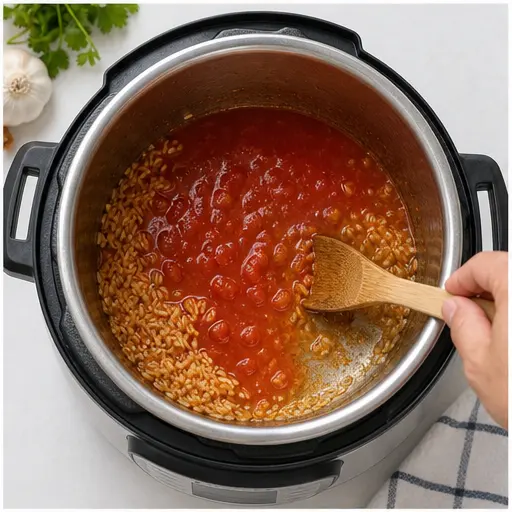 Step 3: Deglazing pot and adding tomato sauce