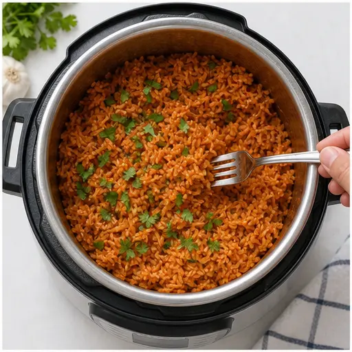 Step 4: Fluffing finished rice with cilantro