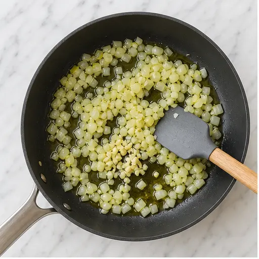 Step 1: Sautéing onion and garlic in olive oil