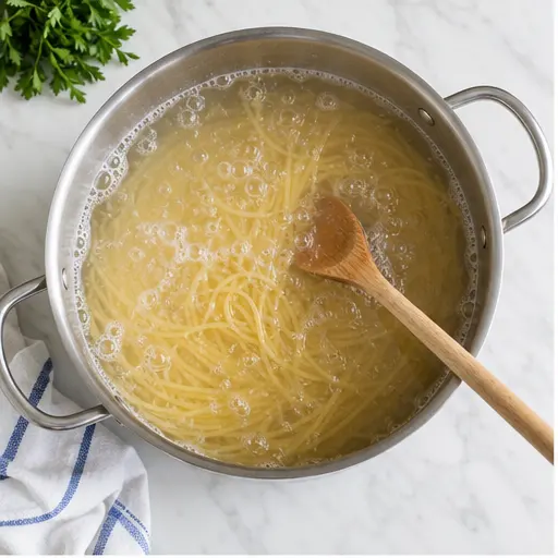 Step 1: Boiling spaghetti in salted water