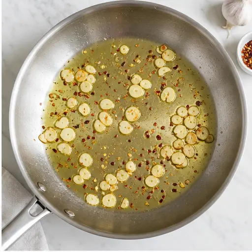 Step 2: Slicing garlic and toasting in olive oil