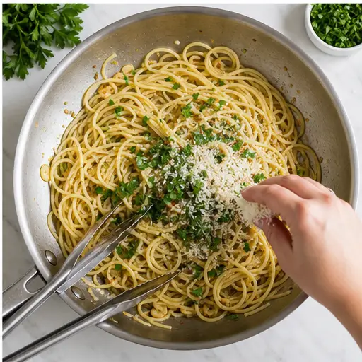 Step 4: Tossing spaghetti with garlic oil