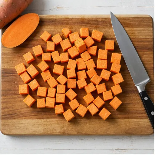 Step 1: Cutting sweet potatoes into even cubes