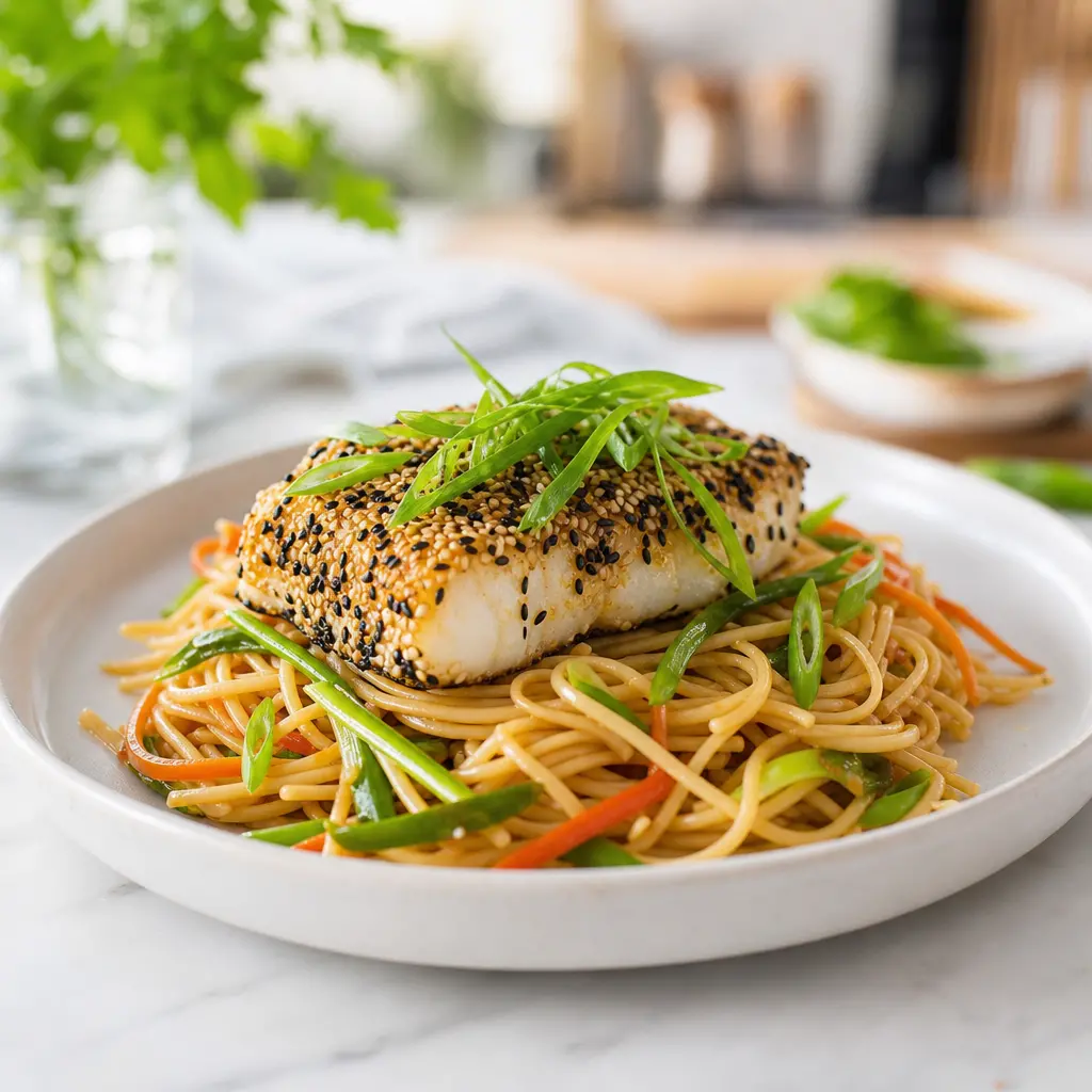 sesame crusted cod with ginger noodles - final presentation