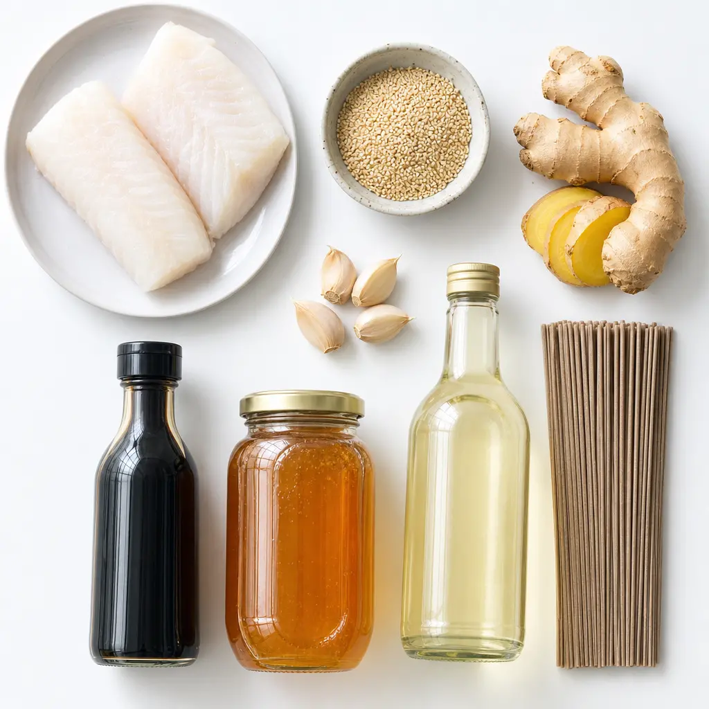 sesame crusted cod with ginger noodles - main ingredients