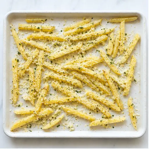 Step 1: Tossing potato fries with oil and seasonings on the sheet pan