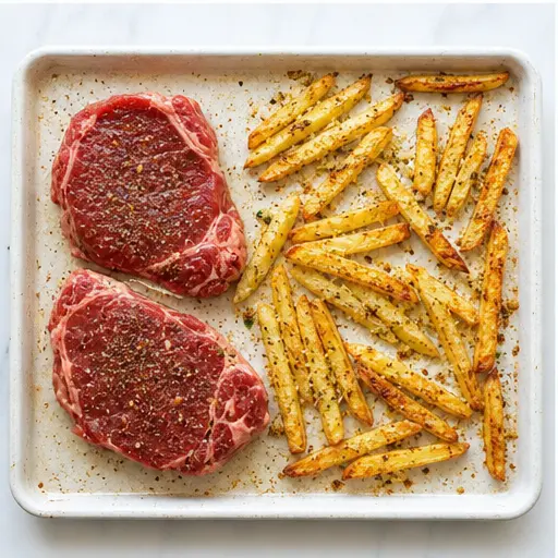 Step 3: Placing seasoned steaks next to baked fries for broiling