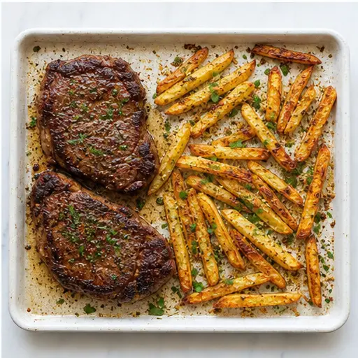 Step 4: Finished broiled steaks with crispy fries and parsley garnish