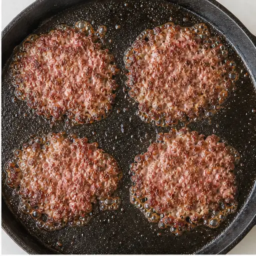 Step 2: Sizzling patties on hot skillet with lacy edges