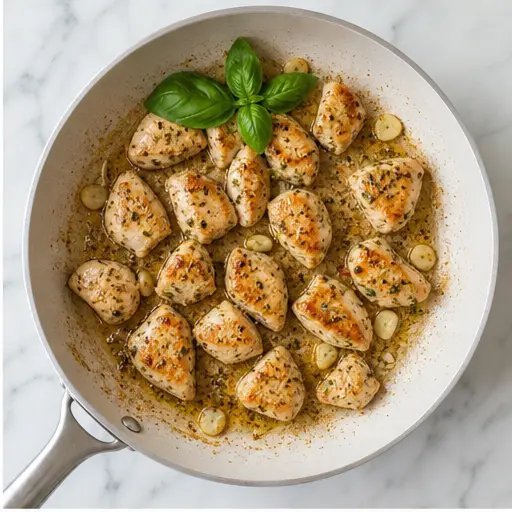 Step 2: Searing seasoned chicken with garlic and basil