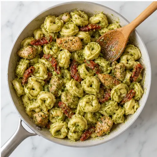 Step 4: Combining tortellini with pesto and chicken