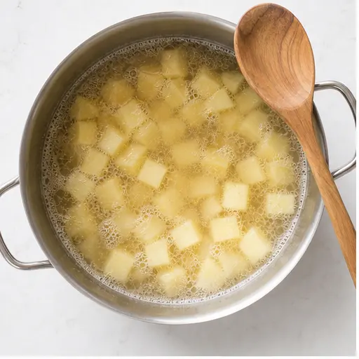 Step 1: Simmering cubed potatoes in broth