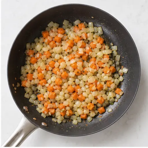 Step 2: Sautéing onion and carrot in olive oil