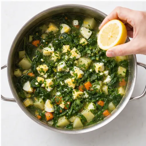 Step 4: Stirring in lemon juice, eggs, and fresh herbs