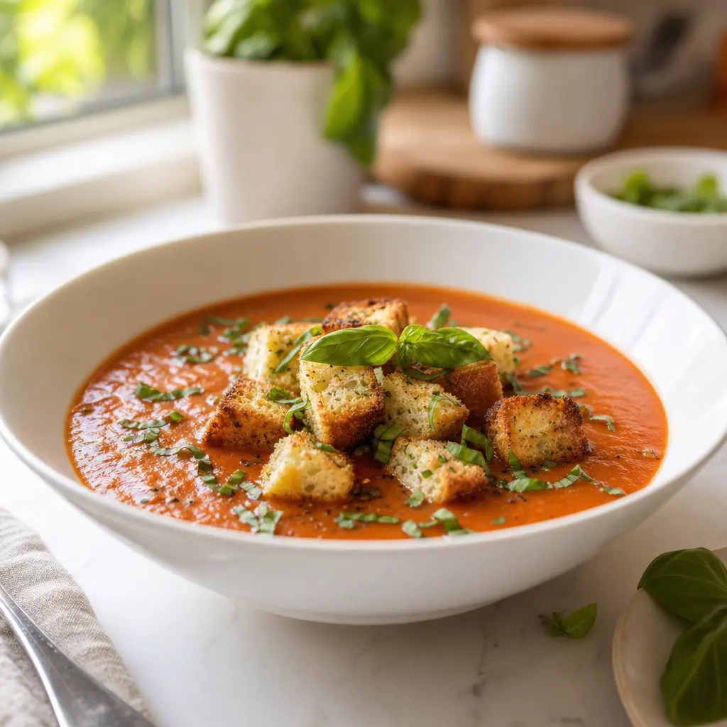 tomato soup with garlic and sage croutons - final presentation