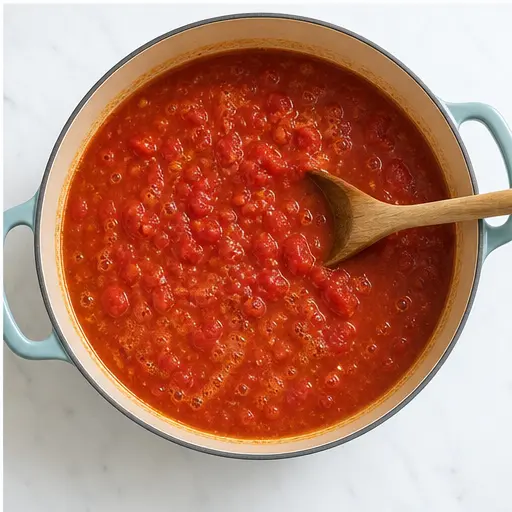 Step 4: Simmering crushed tomatoes and broth