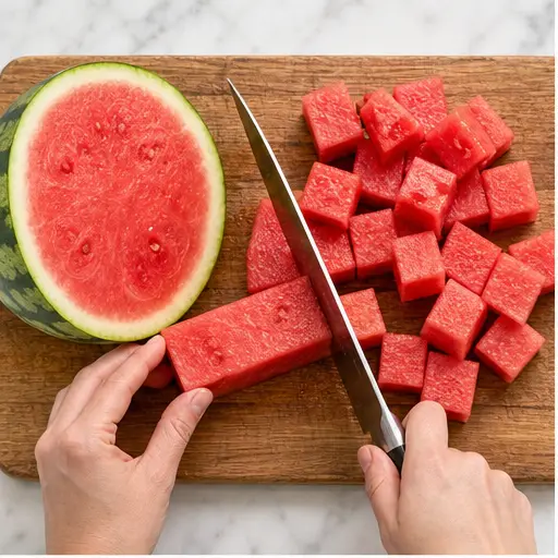 Step 1: Cubing the watermelon into perfect 1/2-inch cubes