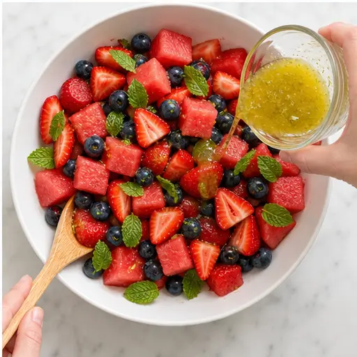 Step 4: Gently tossing the assembled fruit salad with dressing