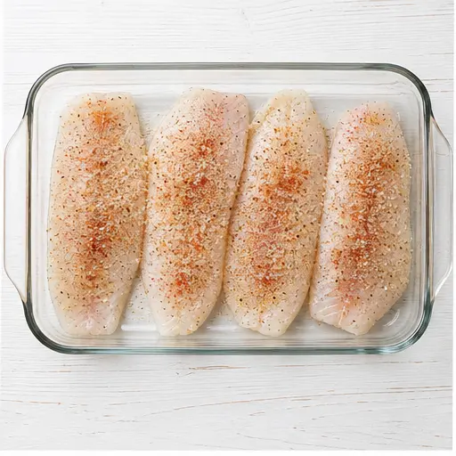 Step 1: Seasoning raw tilapia fillets in a baking dish