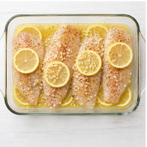 Step 3: Pouring butter sauce over fish and adding lemon slices