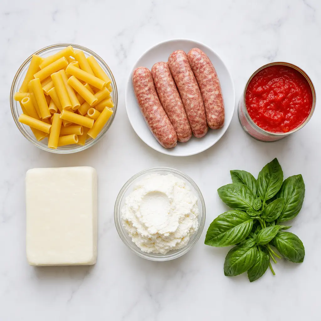 baked ziti - main ingredients